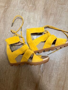 Sorel Yellow Suede Lace-Up Wedge Sandals
